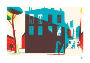 Illustrazione da La bicicletta gialla: una casa azzurra con finestre rosse