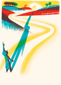 Illustrazione di un ciclista su una strada colorata da La bicicletta gialla