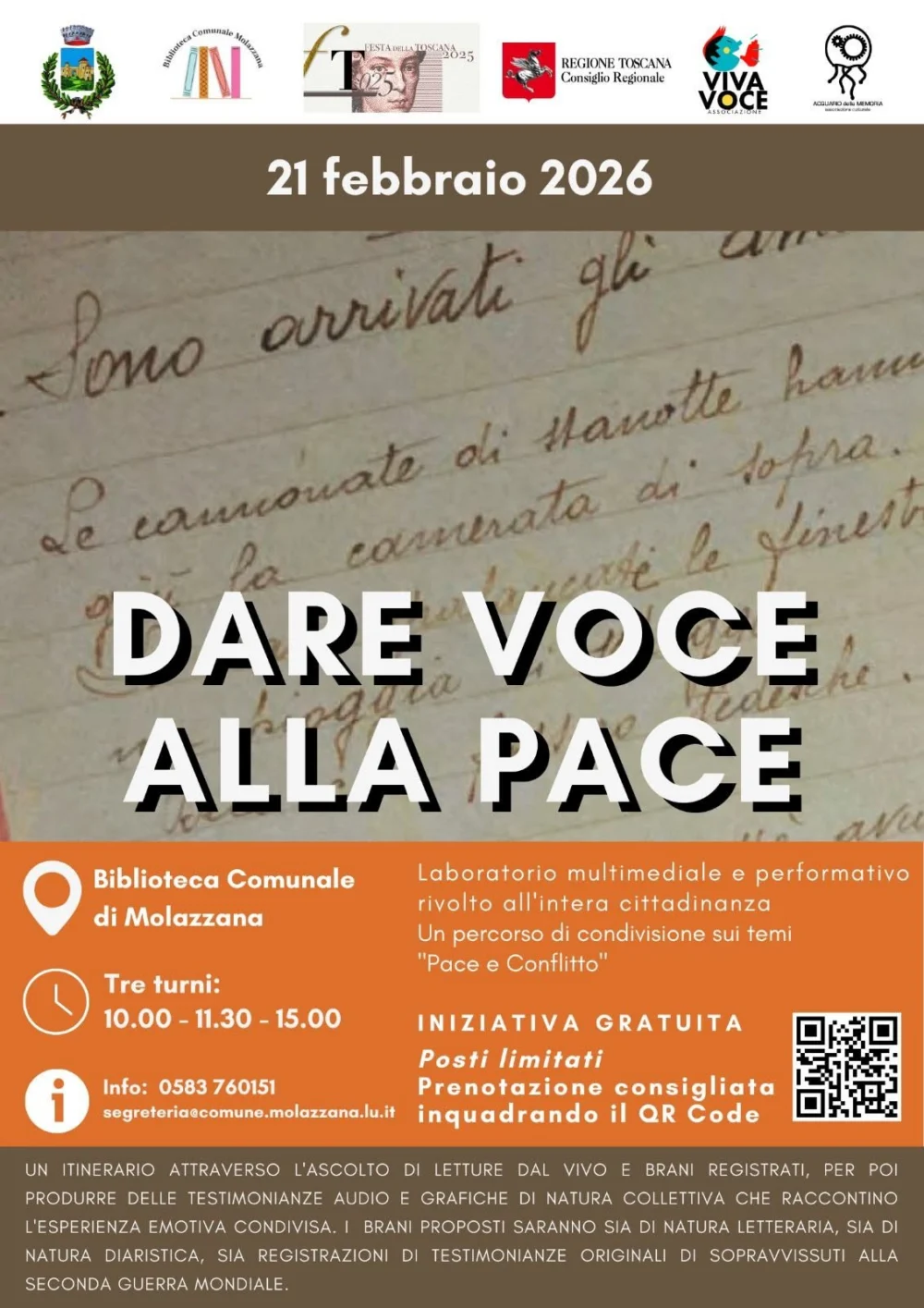 Locandina di Dare voce alla pace, Biblioteca comunale di Molazzana, 21 febbraio 2026